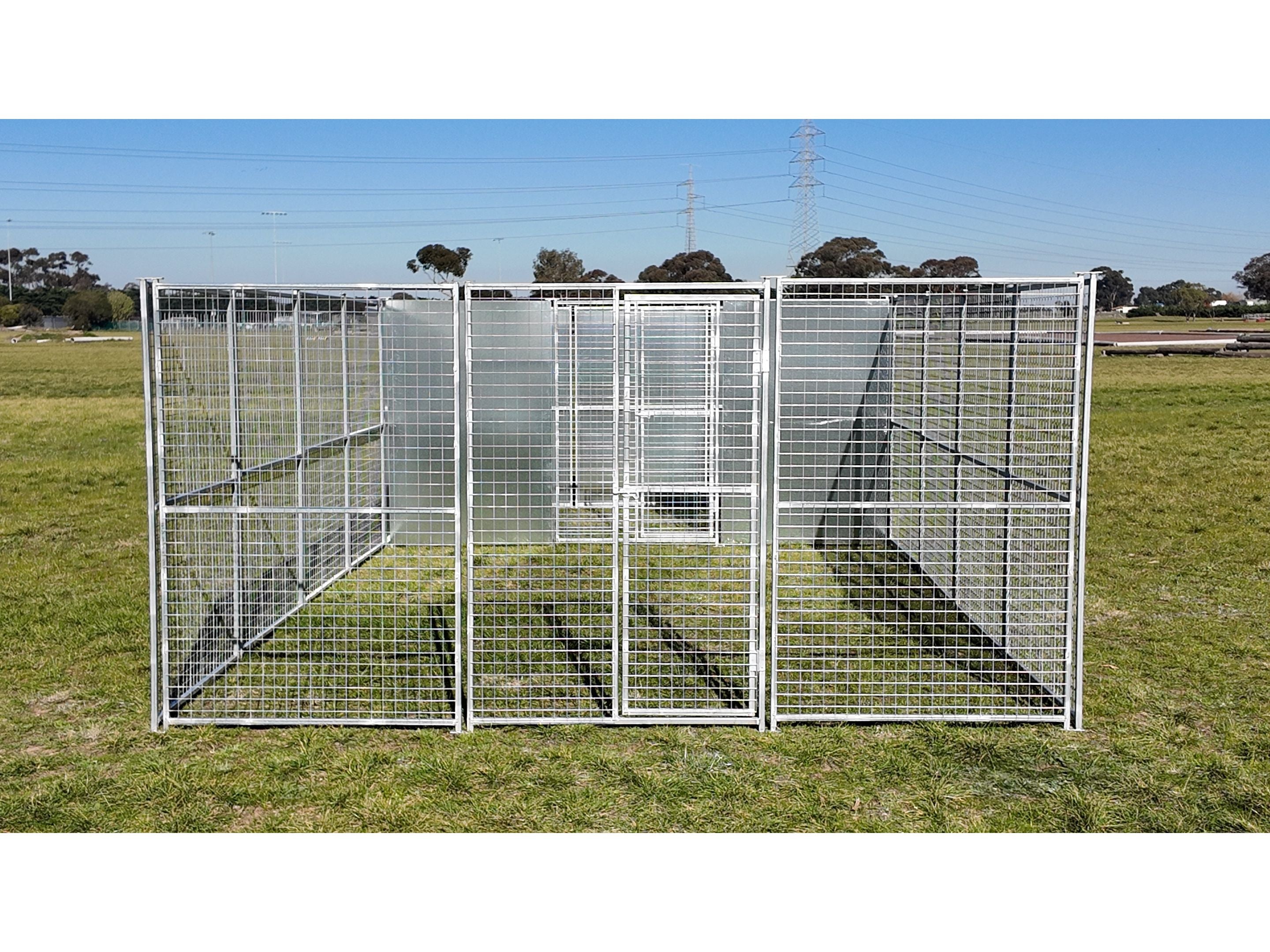 3.75mx7.5m single bay dog/poultry run with internal bay 50mmx50mmx3mm mesh and solid panels