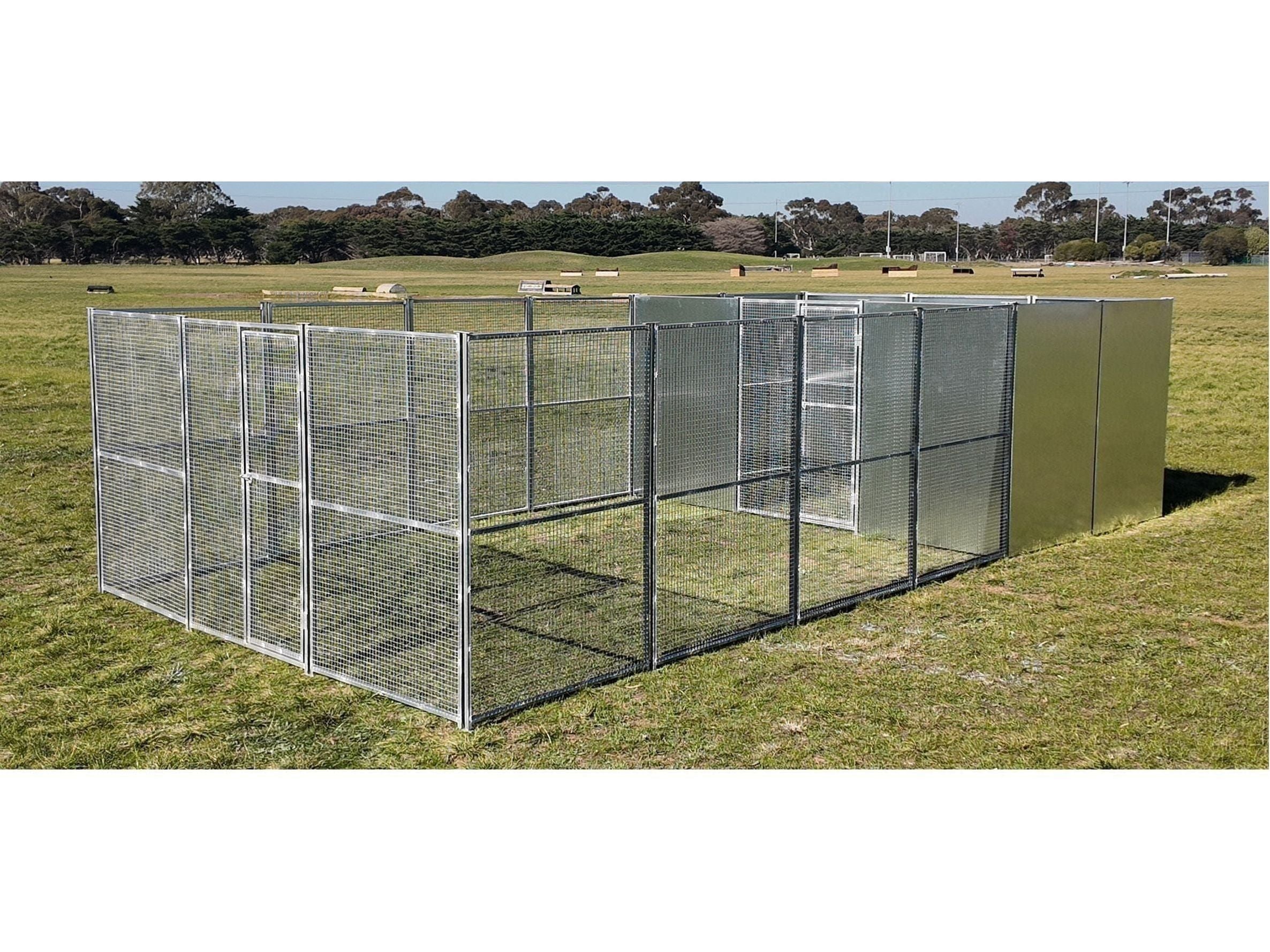 3.75mx7.5m single bay dog/poultry run with internal bay 25mmx25mm mesh and solid panels