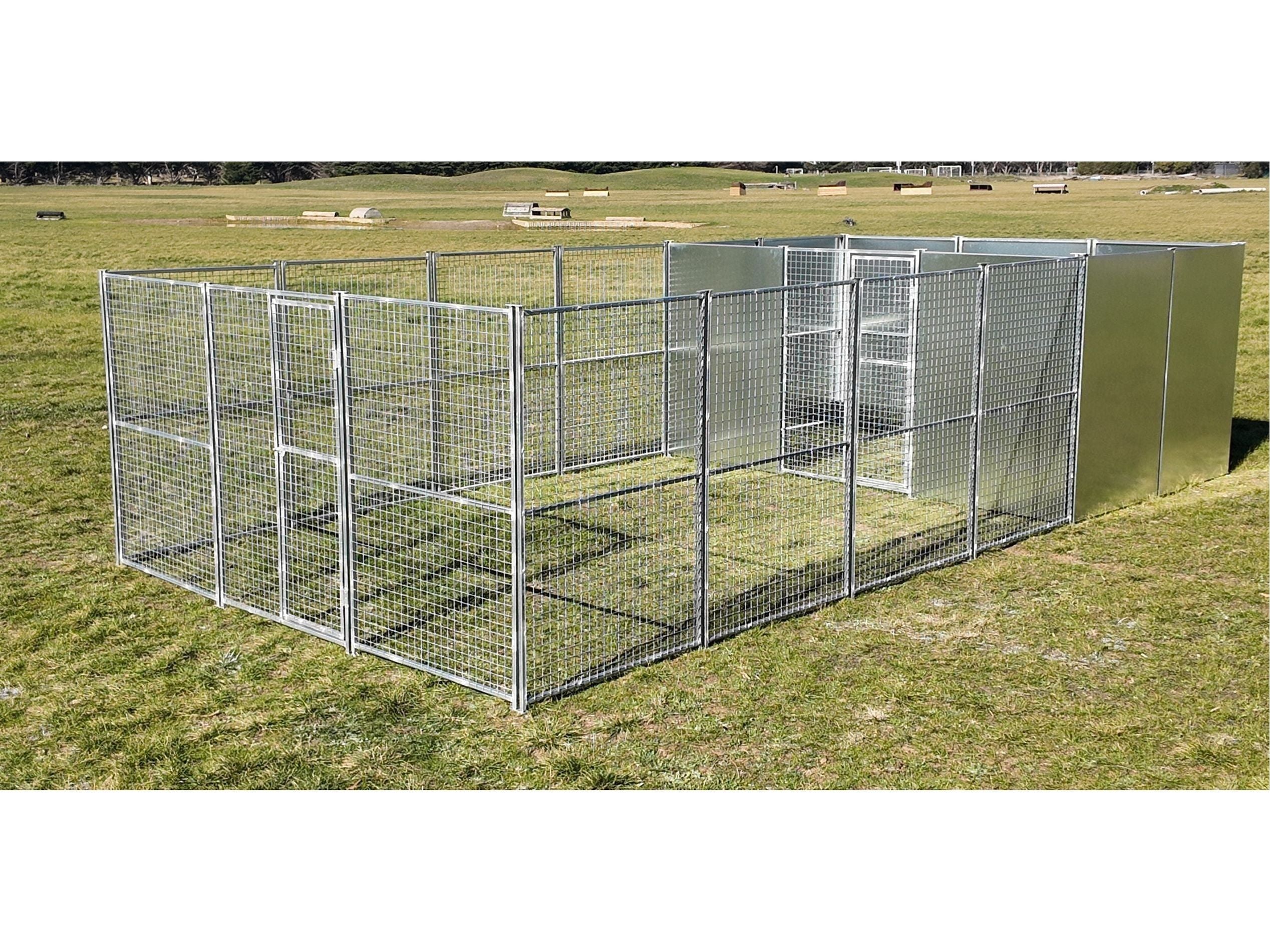 3.75mx7.5m single bay dog/poultry run with internal bay 50mmx50mmx3mm mesh and solid panels